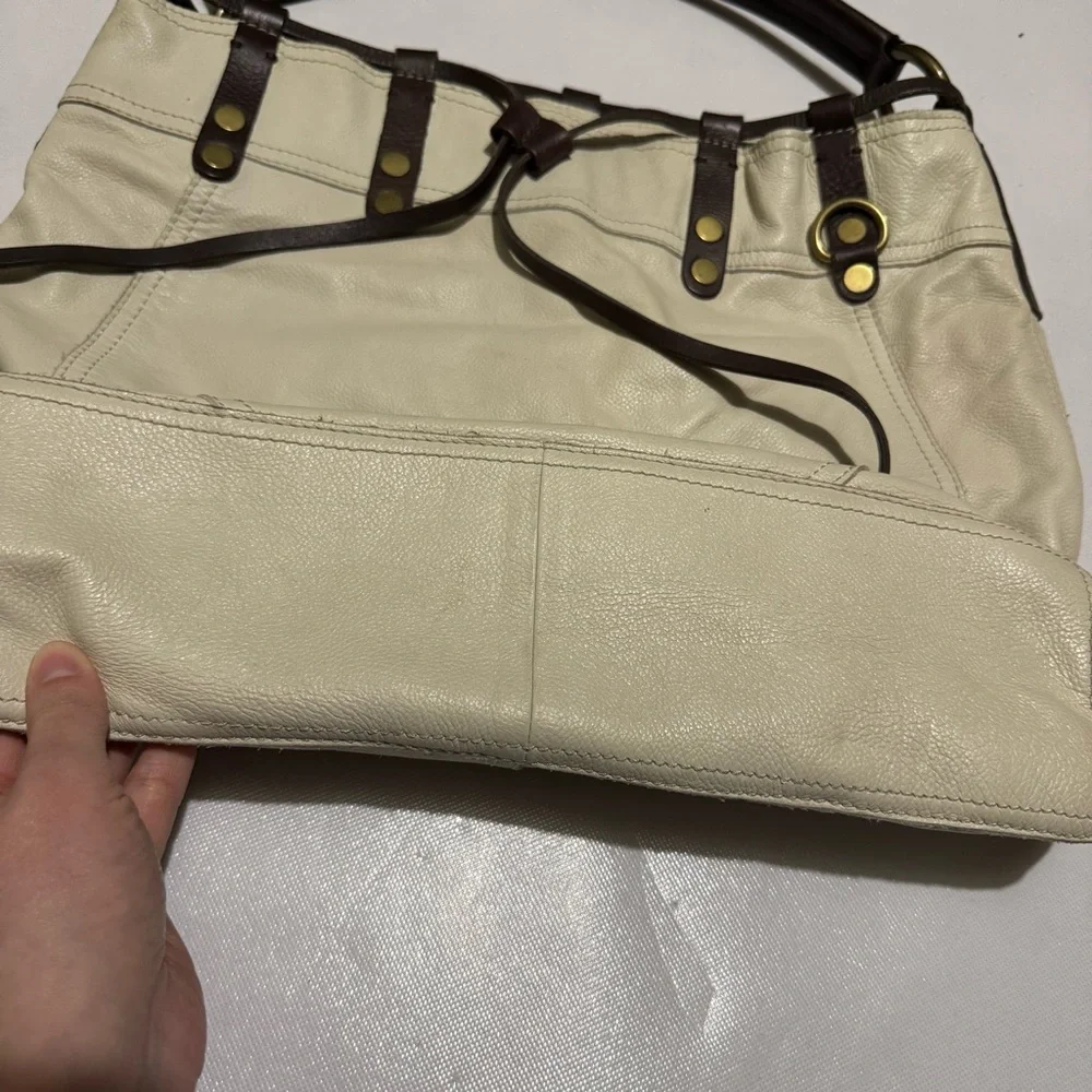 Lucky Brand‎ Cream Brown Leather Large Slouch Shoulder Bag Tote Western Boho
